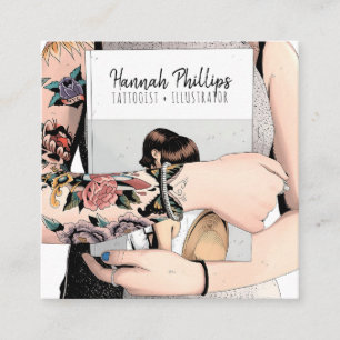Cooles Tätowiermädchen-Illustrationsskript weiß Quadratische Visitenkarte
