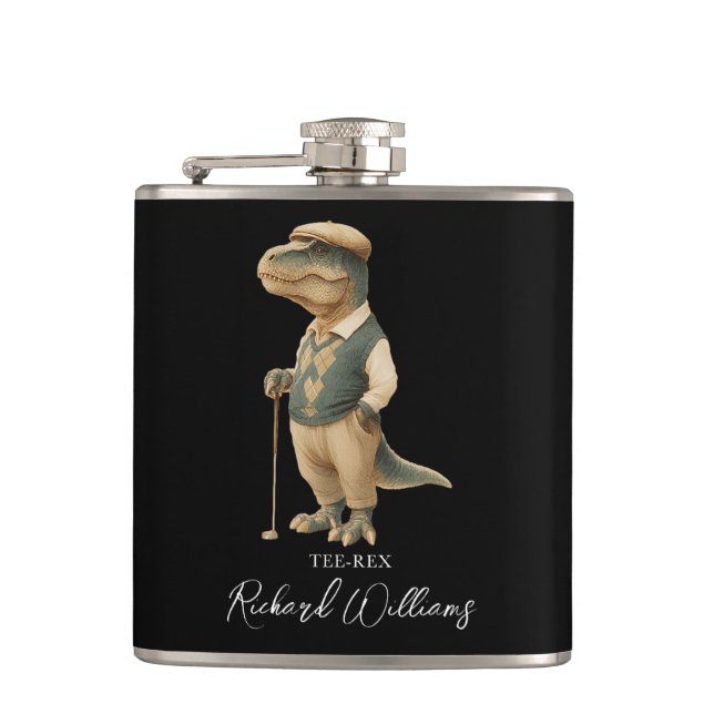 Cooles Tee-Rex-Golfer-Dinosaurium-Signatur-Name Flachmann (Vorderseite)