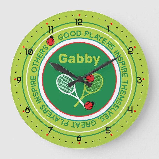 Cooles Tennismotto mit individuelle Name  Große Wanduhr (Vorderseite)