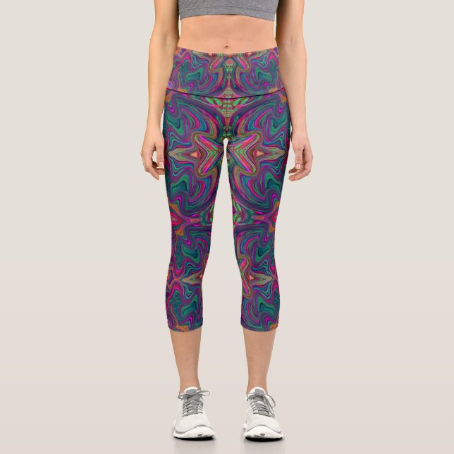 Cooles Trippy-Green, Orange und Lila Wavy-Muster Capri Leggings (Vorderseite)