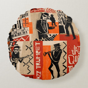 cooles Vintage von Jazzband Poster mit Trompete-Sp Rundes Kissen