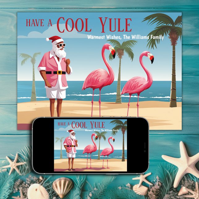 Cooles Weihnachten Santa and Flamingos Beach Weihn (Printed and Digital - Cool Yule Santa and Flamingos Beach Christmas Holiday Card)