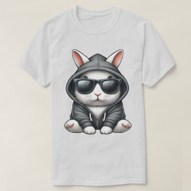 Cooles Weißes Kaninchen in Hoodie und Sonnenbrille T-Shirt (Design vorne)