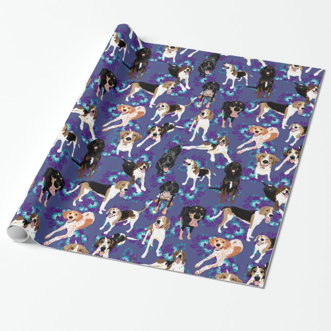 Coonhound mit Blumen (blau) Geschenkpapier (Ungerollt)