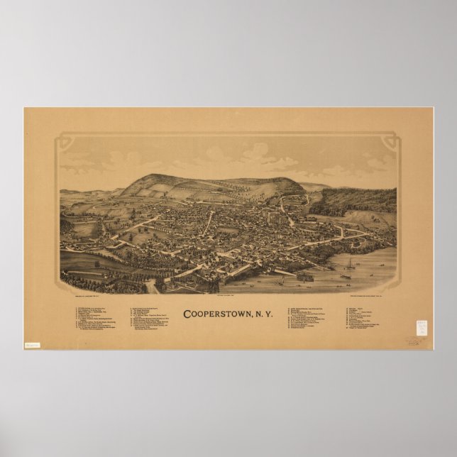 Cooperstown New York 1890 Antique Panoramabalkarte Poster (Vorne)