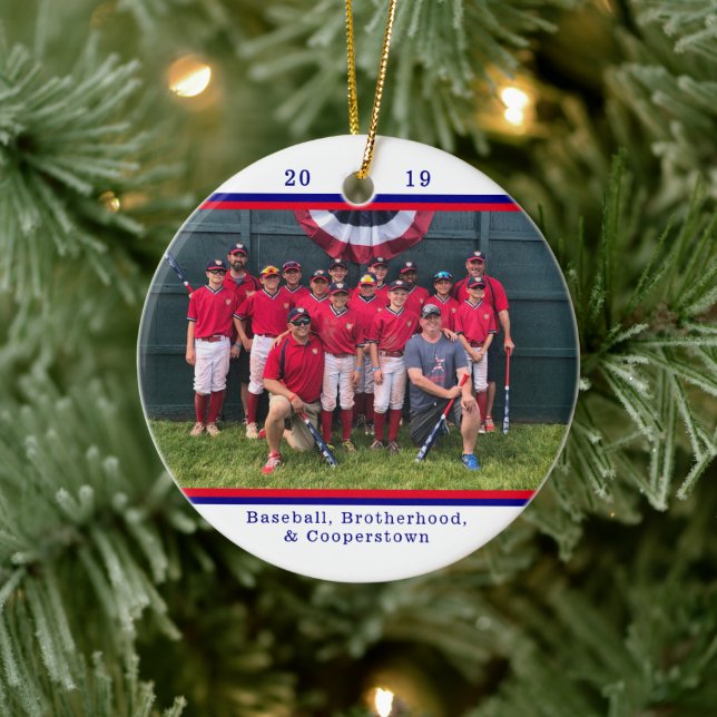 Cooperstown NY Baseball Team Foto Striping Facts Keramik Ornament (Baum)