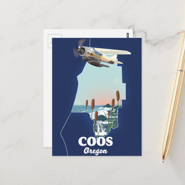 Coos Oregon Travel Map Postkarte (Vorderseite/Rückseite Beispiel)