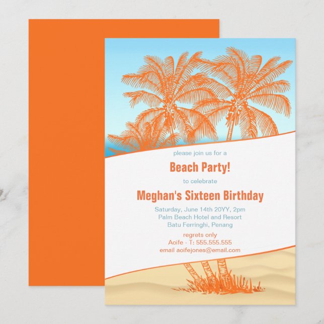 Copacabana Beach und Coconut Trees Party Einladung (Vorne/Hinten)