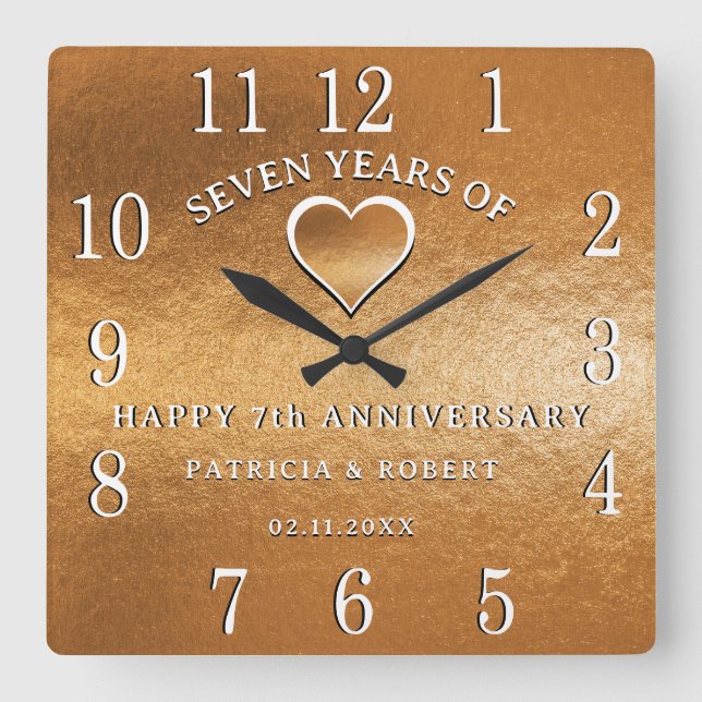Copper Anniversary 7 Year Wedding Anniversary Gift Quadratische Wanduhr (Vorderseite)