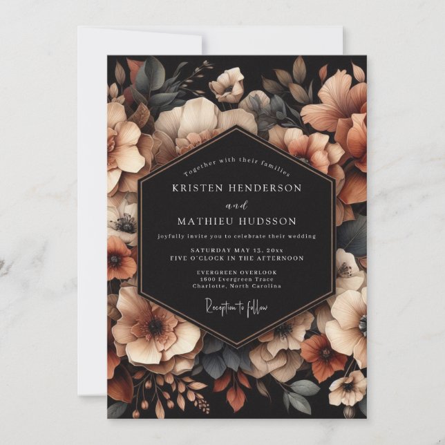 Copper Floral Chiaroscuro Wedding Einladung (Vorderseite)