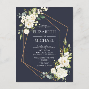 Copper Geometric Blue White Floral Wedding Ankündigungspostkarte
