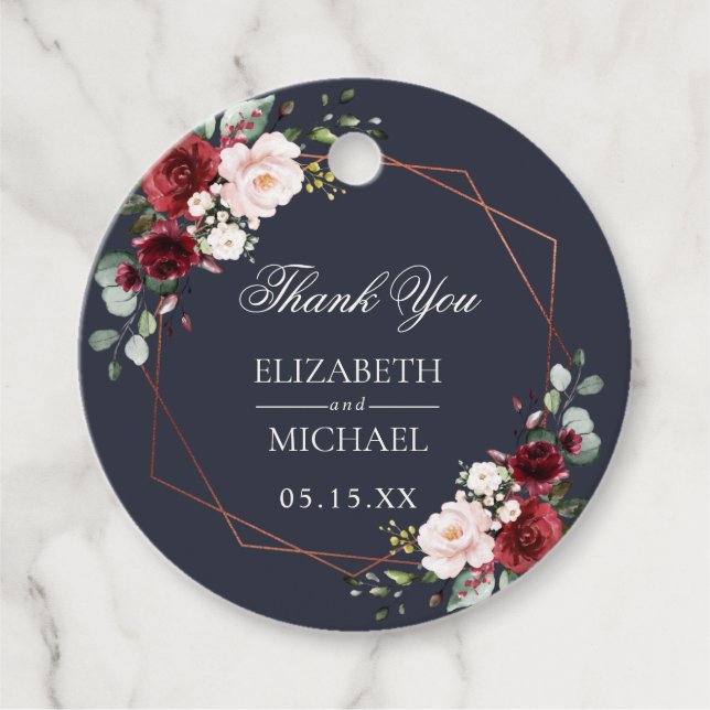 Copper Geometric Burgundy Blue Elegante Hochzeit Geschenkanhänger (Vorderseite)