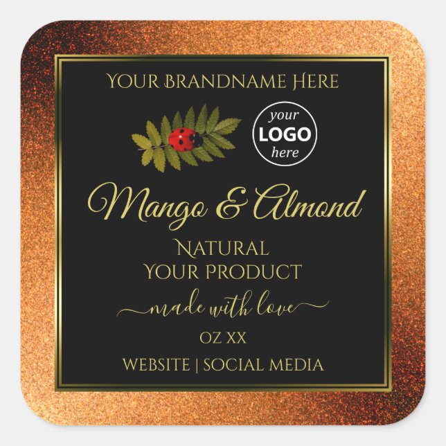Copper Glitzer Black Product Labels Ladybug Logo Quadratischer Aufkleber (Vorderseite)