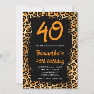 Copper Gold Leopard Painted Black 40. Geburtstag Einladung