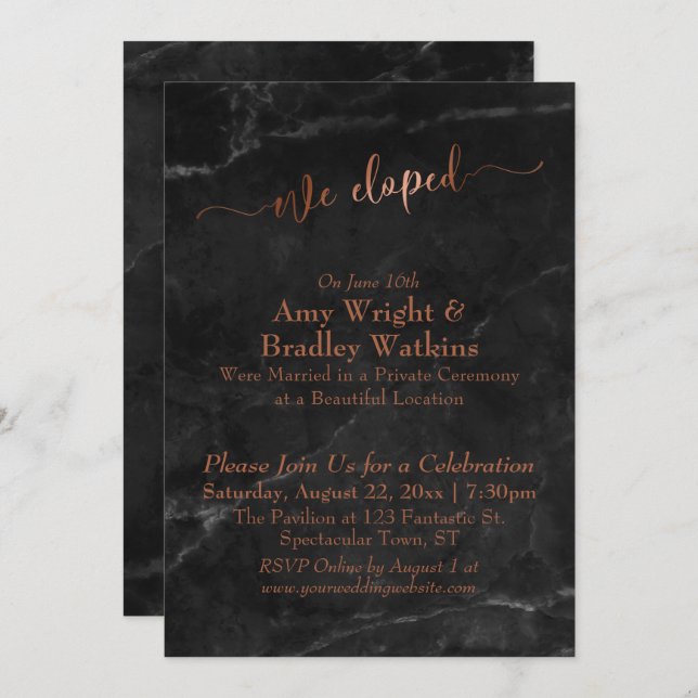 Copper Script Wir haben Skripte auf schwarzem Marm Einladung (Vorne/Hinten)