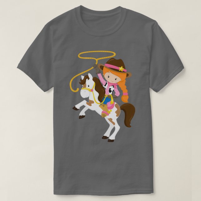 COPPERRED HEAD LITTLE COWGIRL ON BROWN AND WHITE H T-Shirt (Design vorne)