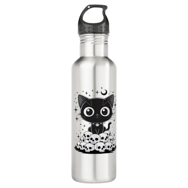 Copy of Cat Skulls Creepy Cute Kitty Goth Black Al Edelstahlflasche (Vorderseite)