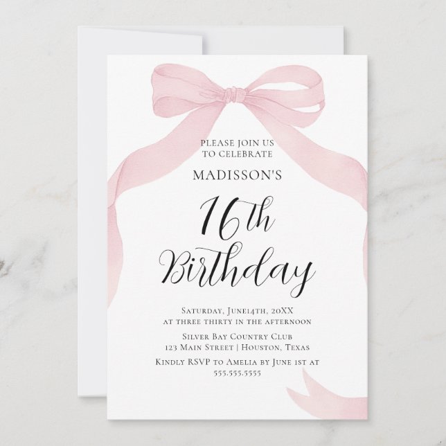 Coquete pink bow Birthday invitation Einladung (Vorderseite)