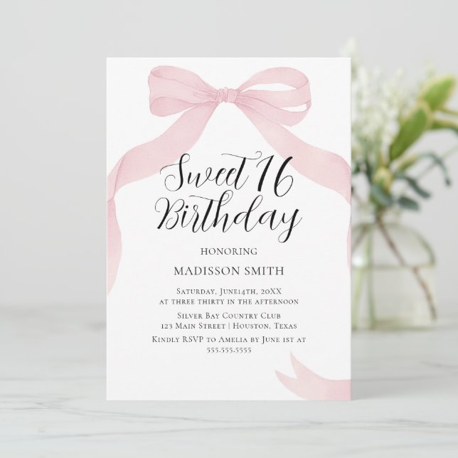 Coquete pink bow Sweet Sixteen invitation Einladung (Stehend Vorderseite)