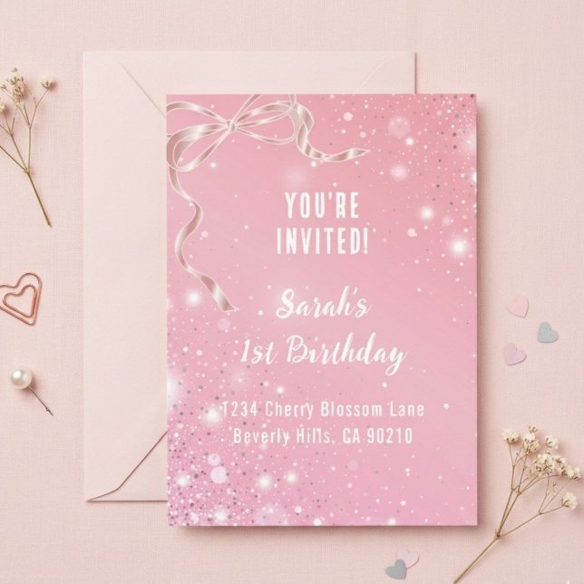 Coquette 1st Birthday Invitations Pink Bow  Einladung (Von Creator hochgeladen)