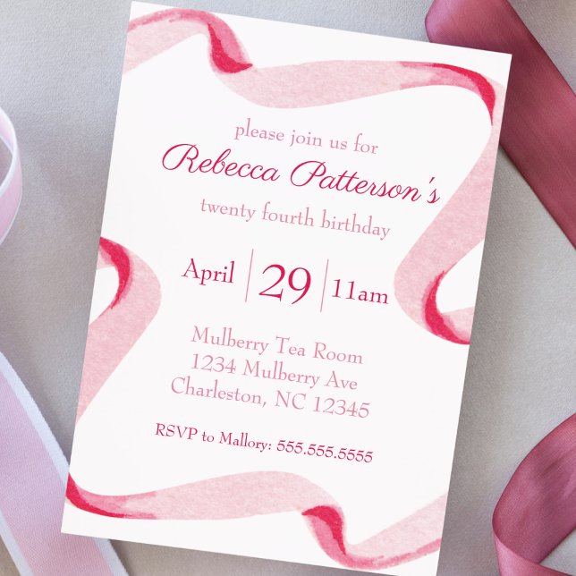 Coquette Ästhetik Rosa Ribbon Feminine Bday Party Einladung (coquette aesthetic birthday party invitation pink ribbon feminine girly cute party invite watercolor)