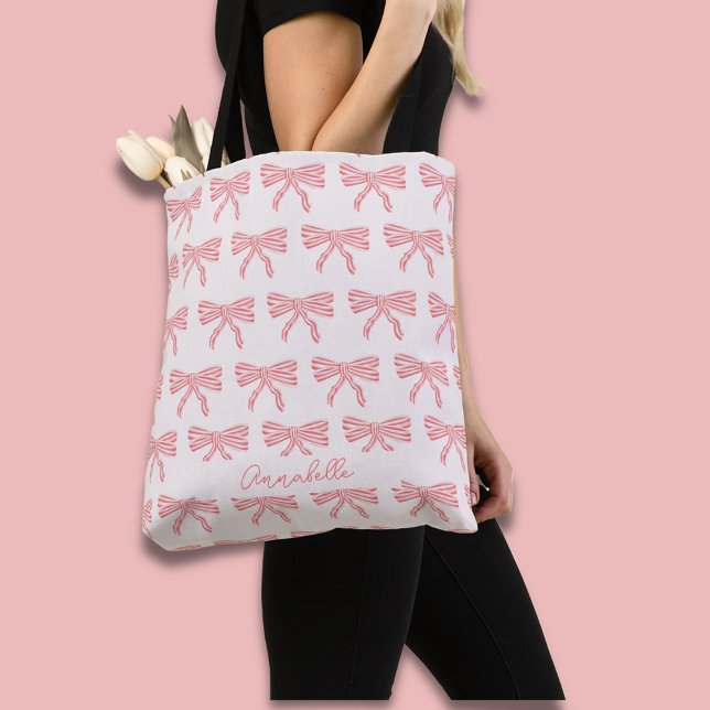 Coquette Ästhetische Blush Pink Bow & Vorname (Coquette Pink bow tote bag, personalize with your own name or choice of text.)