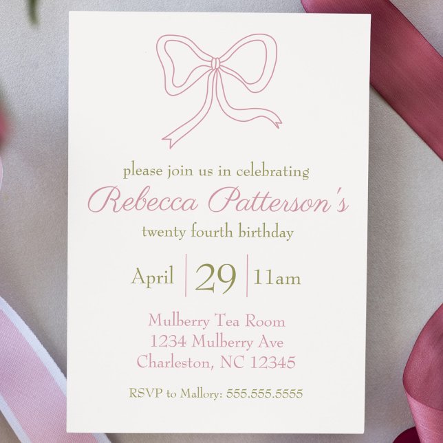 Coquette Ästhetische Pink Bow Feminine Bday Party Einladung (coquette aesthetic birthday party invitation pink bow cute script feminine girly shabby chic vintage)