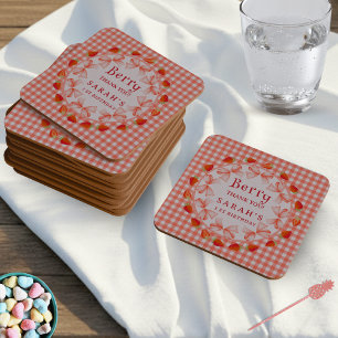 Coquette Berry Erster Geburtstag Rot Gingham Rechteckiger Pappuntersetzer