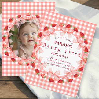 Coquette Berry First Birthday Red Gingham Photo Einladung