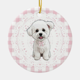 Coquette Bichon Frise Dog Pink Gingham Bows Keramik Ornament