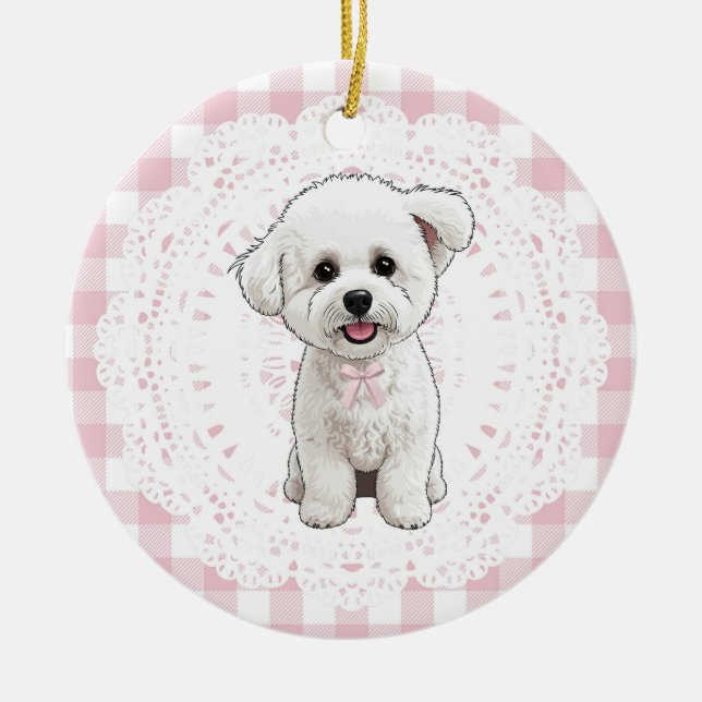 Coquette Bichon Frise Dog Pink Gingham Bows Keramik Ornament (Vorne)
