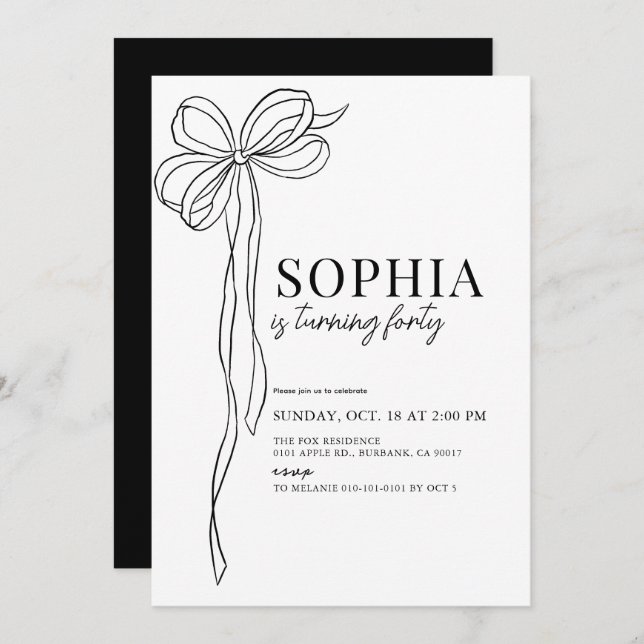Coquette Black Bow Ribbon Erwachsenen Geburtstag Einladung (Vorne/Hinten)