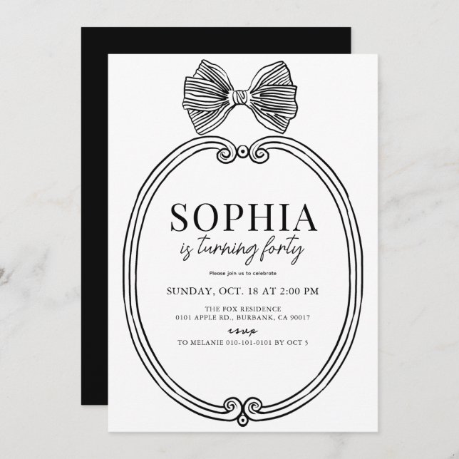 Coquette Black Bow/Ribbon Frame Erwachsene Geburts Einladung (Vorne/Hinten)