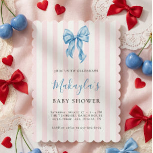 Coquette Blaue Schleife Rosa Streifen Jungen Baby  Einladung