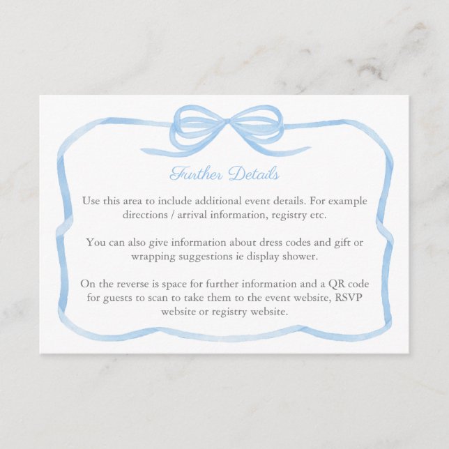 Coquette Blue Bow Polterabend Details QR-Code Begleitkarte (Vorderseite)