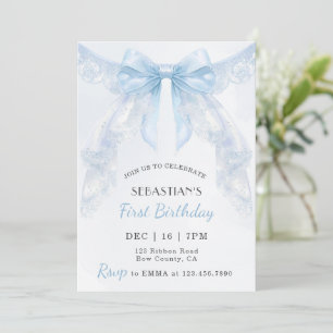 Coquette Blue Lace Bow Bow Boy Erster Geburtstag Einladung