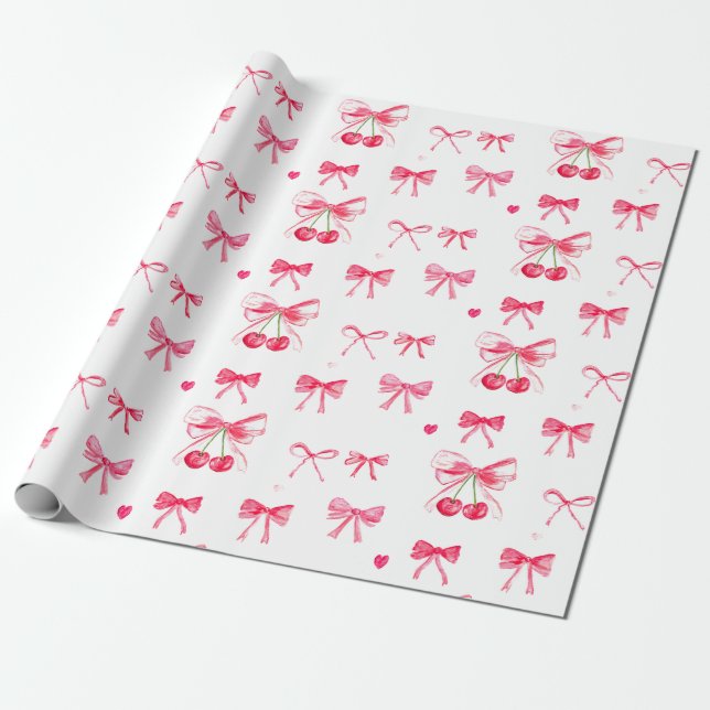 Coquette Blush Pink Bow Cherry Girly Niedlich Geschenkpapier (Ungerollt)