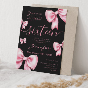 Coquette Blush Pink Bow Sweet 16 Party Schwarz Einladung