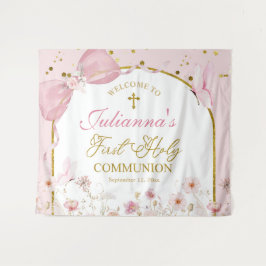 Coquette Blush Pink Butterfly First Holy Communion Wandteppich