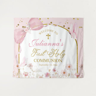 Coquette Blush Pink Butterfly First Holy Communion Wandteppich