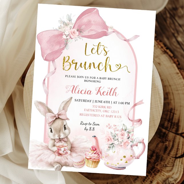 Coquette Blush Pink Floral Bow Bunny Baby Brunch Einladung (Von Creator hochgeladen)
