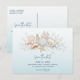 Coquette-Bogen & Muschel-Strand-Hochzeit - Heirate Ankündigungspostkarte