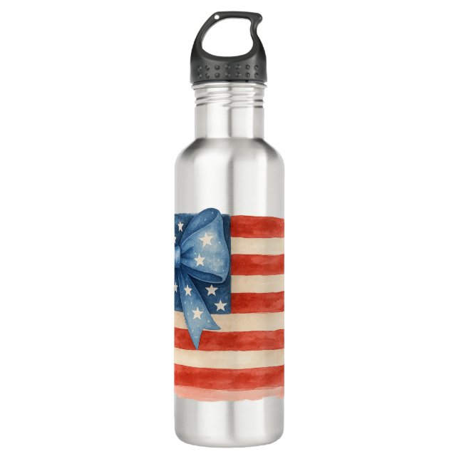 Coquette Bow American Flag Wasserfarbe 4. Juli Edelstahlflasche (Vorderseite)