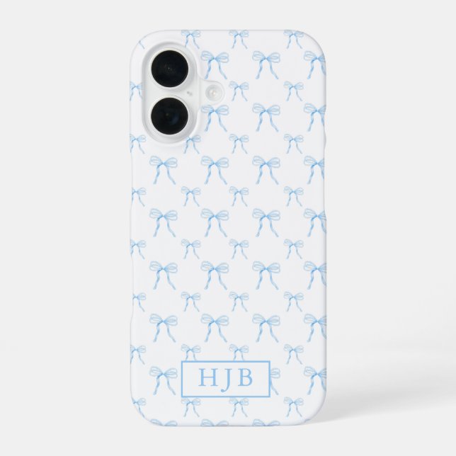 Coquette Bow Blue Monogram Initial iPhone 16 Fall Hülle (Rückseite)