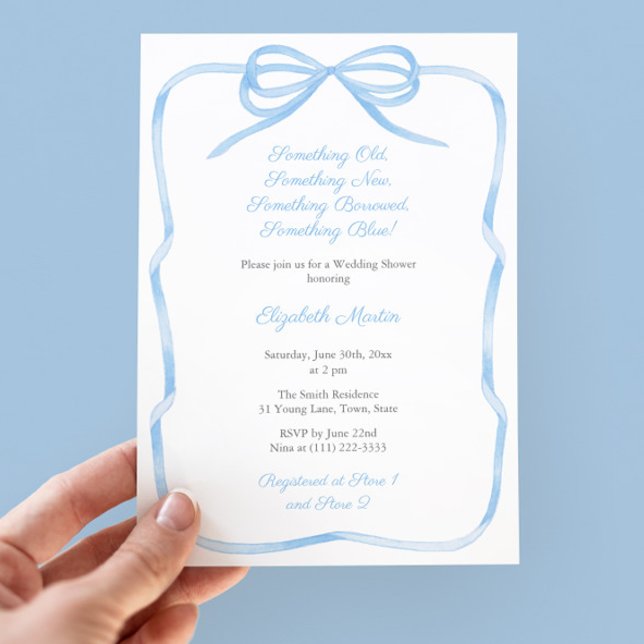 Coquette Bow Etwas Blue Brautparty Einladung (Something Blue Theme Bridal Shower Party Invitation With Coquette Light Blue Bow and Ribbon Frame)