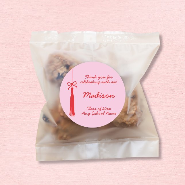 Coquette Bow Grad Tassel Rosa Abschluss 2025 Runder Aufkleber (Coquette Bow Grad Tassel Pink Red 2025 Graduation Classic Round Sticker)