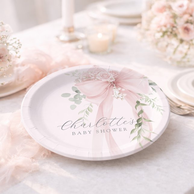 Coquette Bow Greenery Baby in bloom baby Shower Pappteller (Von Creator hochgeladen)