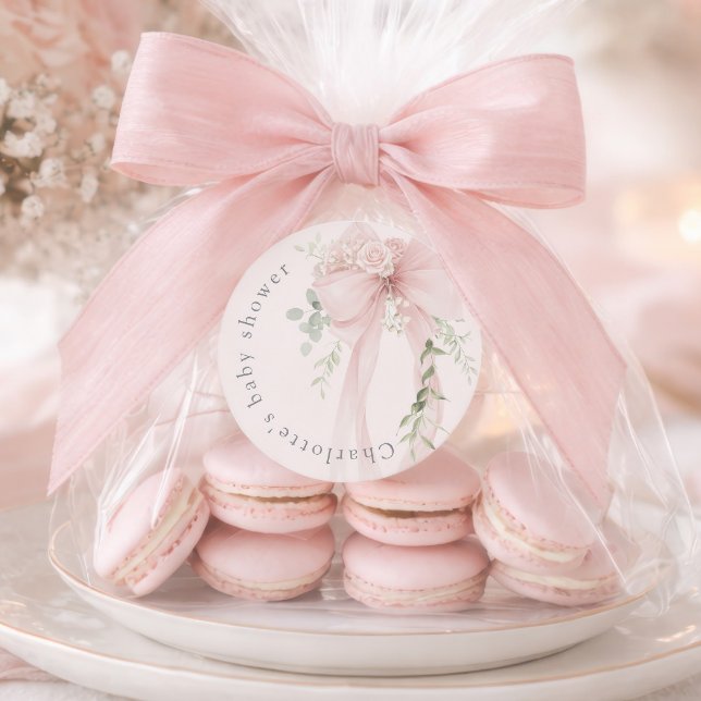 Coquette Bow Greenery Baby in bloom baby Shower Runder Aufkleber (Von Creator hochgeladen)