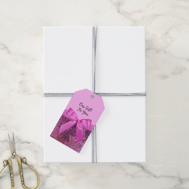 Coquette Bow & Pink Lila Glitzer Name Geschenkanhänger (Mit Garn)
