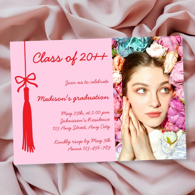 Coquette Bow Pink Red Elegan Photo 2026 Graduation Einladung (Coquette Bow Pink Red Elegan Photo 2026 Graduation Invitation)